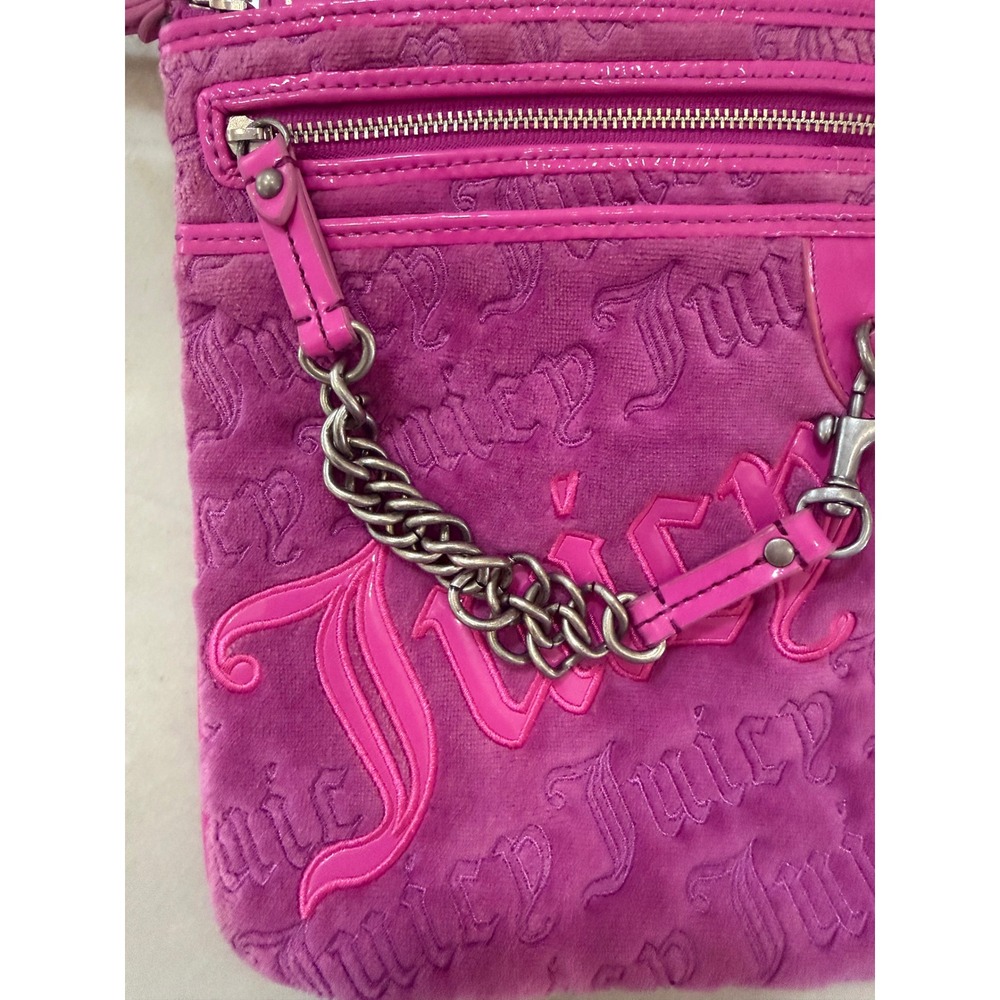 Juicy Couture Pink Velour Embossed Logo Crossbody Bag Y2K Patent Trim Chain #113 - Picture 10 of 15